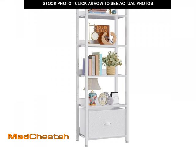 Lot 74-12114905 - Furologee 5 Tier Bookshelf with Drawer, Tall Narrow Bookcase with Shelves, Wood and Metal Book Shelf...