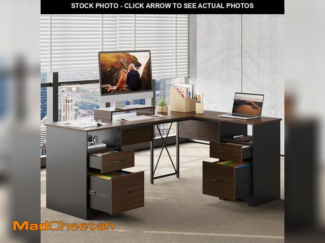 Lot 74-12483799 - Bestier L Shaped Desk with 4 Drawers, 63" x 47" Executive Desk with Open Storage &amp; Monitor Stand...