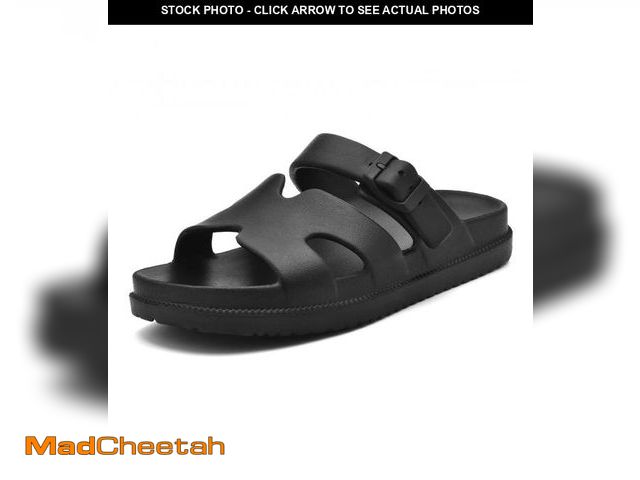 Lot 74-11559020 - Womens Black Sandals with Arch Support, Summer Flat Slides Adjustable Buckle, Comfort Lightweight EV...