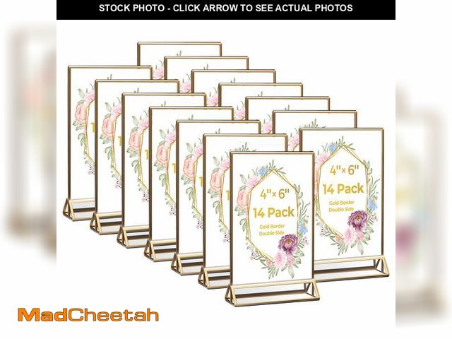 Lot 74-12968121 - 14 Pack Acrylic Sign Holder 4x6 Gold Frames, Wedding Table Number Holders Double Sided Vertical Clea...