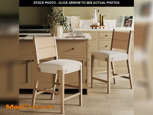 Lot 74-14251633 - Nathan James Cove Seagrass Counter Stool Wood Upholstered Bar Stool with Natural Flax Cushion and Se...