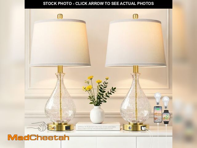 Lot 74-14212761 - QiMH Glass Table Lamps for Living Room, Bedside Lamps Set of 2 with USB A+C Charging Ports, 3 Way Di...