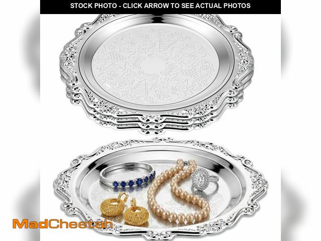 Lot 74-13965993 - Teecyhooo 4 Pcs Silver Serving Platter Tray Jewelry Display Tray Decorative Dessert Plates Vintage C...