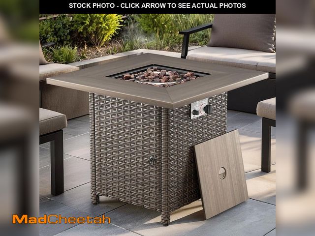 Lot 74-14375355 - Opohoro ArcoBay 30 in. Square Brown Wicker and Metal Propane Gas Outdoor Fire Pit Table with Lava Ro...