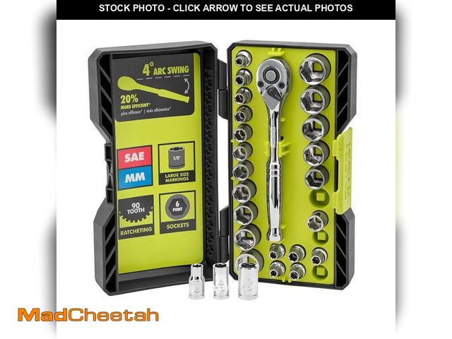 Lot 74-14277404 - RYOBI 26-Piece 1/4 in. Drive Standard (SAE) and Metric Mechanics Ratchet Set and Socket Set - UNUSED
