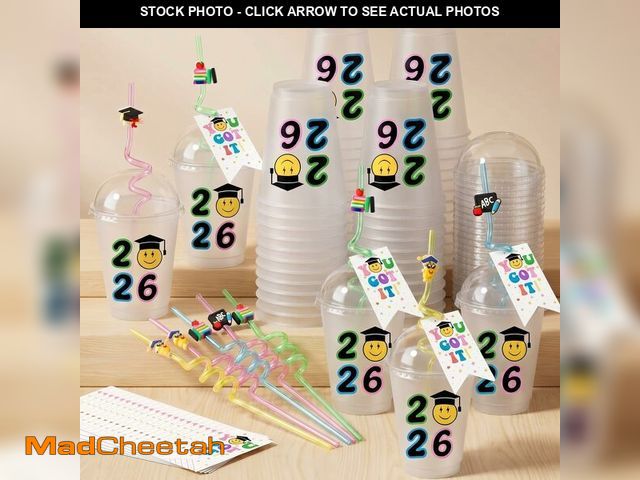 Lot 74-14379779 - Domensi 24 Sets Graduation Plastic Cups with Lids Spiral Straws Tag Card Class of 2026 Congrats Grad...