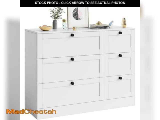 Lot 74-12402685 - (SOME DAMAGE,MISSING HARDWARE) Homfa 6 Drawer White Double Dresser  Wood Storage Cabinet Chest of Dr...