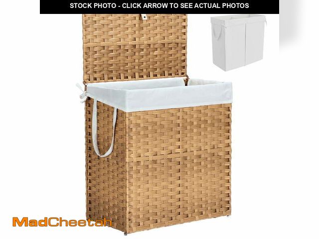 Lot 74-12890884 - edx Laundry Basket with Lid, 110 L Hand-Woven Pp Rattan Laundry Basket with Compartments &amp; Handl...