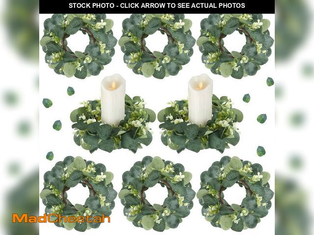 Lot 74-14303751 - Waydress 8 Pcs Candle Rings Artificial Eucalyptus Leaves Candle Wreaths 10 Inch Boho Greenery Wreath...