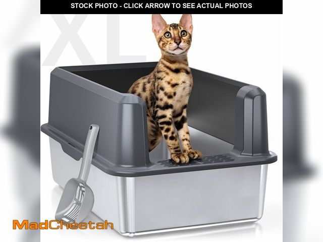 Lot 74-14582128 - Stainless Steel Cat Litter Box, XL High Sided Open Top Litter Pan, 1 Scoop - UNUSED