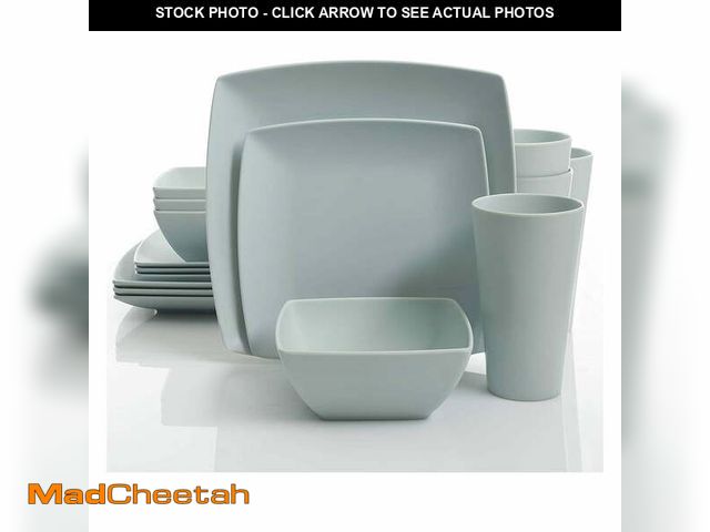 Lot 74-14258875 - Gibson Home 16 Piece Square Melamine Dinnerware Set Plates, Bowls, &amp; Cups, Mint - UNUSED