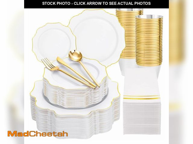 Lot 74-13955875 - WDF 350PCS White and Gold Plastic Plates - Gold Plates Disposable 50Guest Plastic Dinnerware Ideal f...