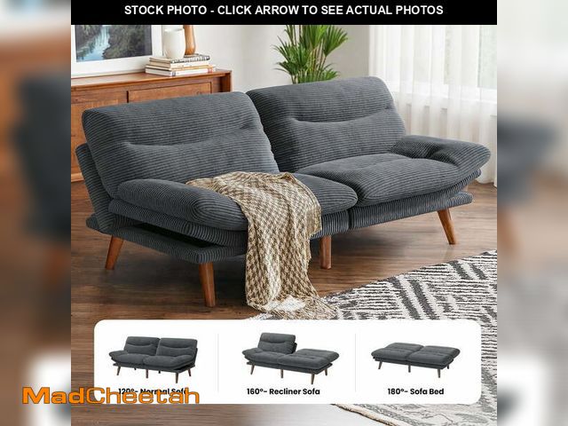 Lot 74-13640144 - CHITOOMA 75" Corduroy Futon Sofa Bed, Gray Convertible Couch with Adjustable Backrest and 6-Level Ar...