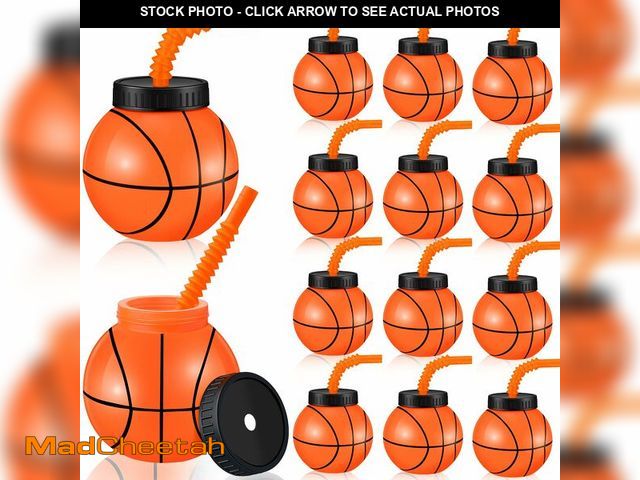 Lot 74-12704224 - Nuanchu 12 Sets 14 oz Basketball Cups with Straws and Lids Plastic Basketball Party Cups Bulk Reusab...