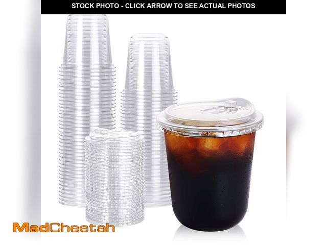 Lot 74-14273394 - Turbo Bee 100 Pack - 12 oz Round Bottom Clear Plastic Cups with Strawless Sip - Lids, Disposable To ...