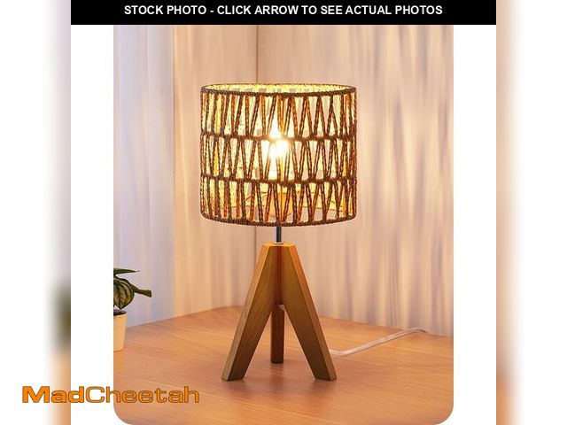 Lot 74-12700239 - EDISHINE Small Table Lamp, Rattan Wood Tripod Bedside Lamp, Boho Nightstand Lamp for Living Room, En...