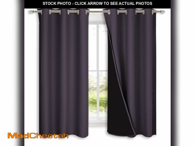 Lot 74-14211829 - NICETOWN 100% Blackout Short Curtains with Black Liners, 2 Panels, 37" W by 60" L, Greyish Purple, T...