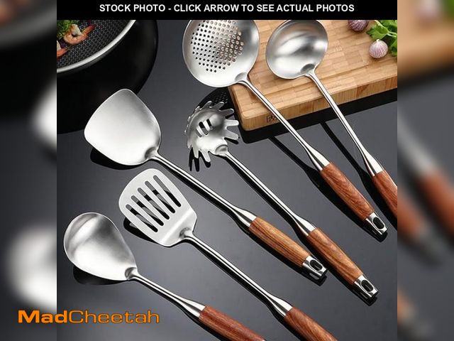 Lot 74-12124854 - GXONE Cooking Utensils Set,7pcs 304 Stainless Steel Kitchen Utensils Set ,Heat Resistant Wooden Hand...