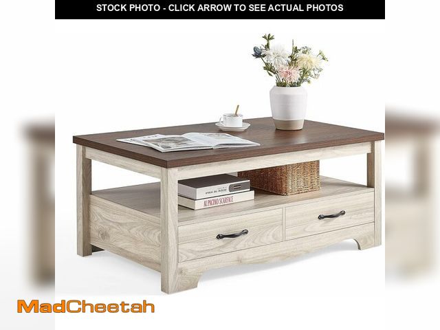 Lot 74-12786005 - LINSY HOME Farmhouse Coffee Table with Storage, Wood Coffee Table for Living Room, Open Display Area...