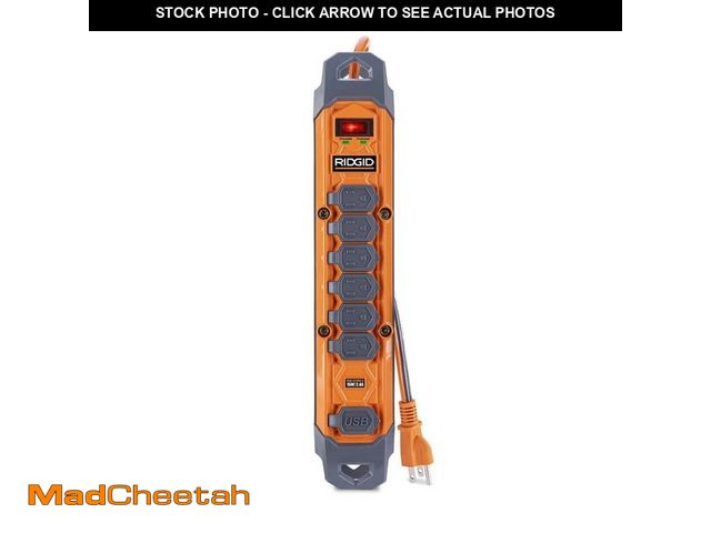 Lot 74-12692618 - RIDGID 8 ft. Cord 6-Outlet, 2.4 Amp USB-A, 15-Watt USB-C, 2100J Surge Protector - UNUSED