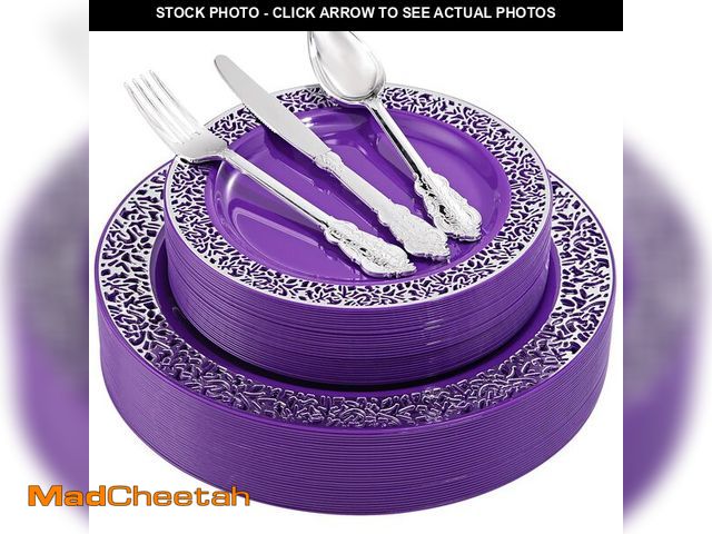 Lot 74-13720925 - U-QE 150PCS Purple Silver Plastic Plates with Silver Silverware, Silver Party Supplies for 30 Guests...