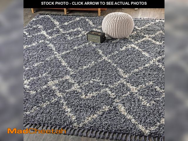 Lot 74-12488721 - JONATHAN Y Mercer Shag Plush Tassel Blue/Cream Indoor Area Rug, 8x10, Moroccan Geometric Trellis, Co...
