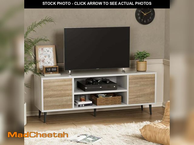 Lot 74-12679611 - Furmax Mid-Century 2-Door TV Stand for TVs up to 65", White&amp;Walnut - UNUSED