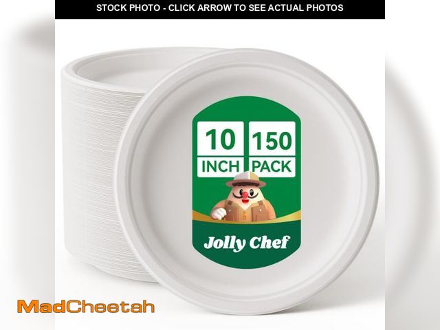 Lot 74-11551925 - JOLLY CHEF Compostable Heavy Duty Plates 10 Inch [150 Pack] Eco-Friendly Disposable White Paper Plat...