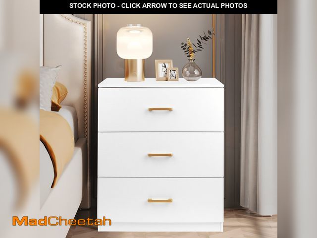 Lot 74-13658754 - UHOMEPRO Nightstand, Modern 3 Drawer Nightstand, White Nightstand with Gold Handle, Wooden Bedside S...