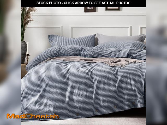 Lot 74-11551783 - JELLYMONI Pinstriped 100% Washed Cotton Linen Like Duvet Cover Set, 3 Pieces Soft Bedding Set with B...