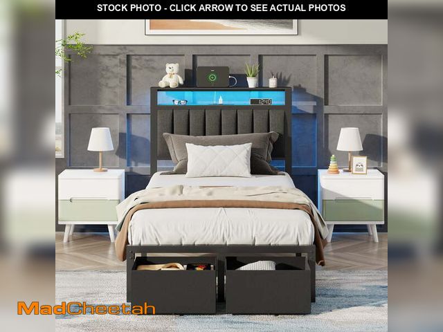 Lot 74-14587641 - Satifur Twin Bed Frame with 2 Drawers &amp; Storage Headboard, Platform Metal Bed with 2 USB Ports a...