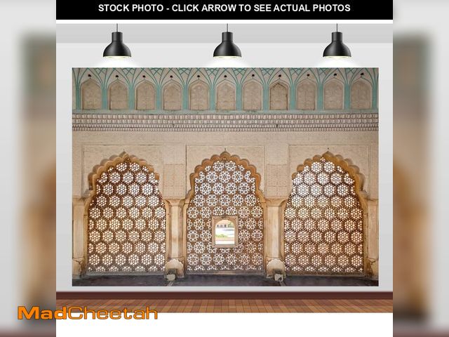 Lot 74-12969893 - BELECO 10x8ft Fabric Indian Palace Backdrop Delicately Carved Stone, Latticed Screen Amber Palace Ba...