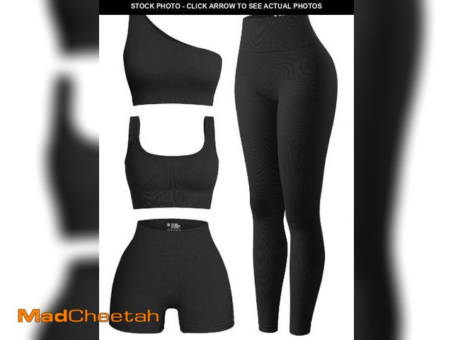 Lot 74-12362555 - OQQ Women's 4 Piece Ribbed Exercise Scoop Neck Sports One Shoulder High Waist Legging Active Set Bra...