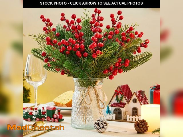 Lot 74-12715461 - NUKAYAI 60Pcs Artificial Pine Branches Christmas Red Holly Berry Stem Flowers Greenery, 13.6" Fake C...