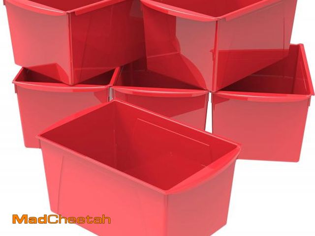 Lot 74-12138043 - Storex Extra-Large Book Bin, Interlocking Plastic Organizer for Home, Office and Classroom, Red, 6-P...
