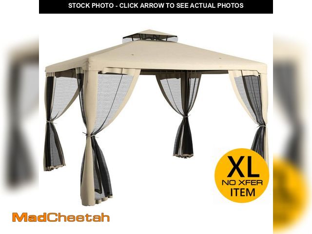 Lot 74-14290319 - Outsunny 9.6 ft. x 11.6 ft. Taupe Outdoor Canopy Shelter with 2-Tier Roof and Netting, Steel Frame a...