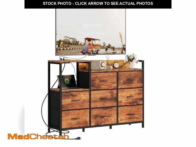 Lot 74-14604385 - EDX 8 Drawer Dresser TV Stand, with Power Outlets and Open Shelves, for Bedroom and Living Room, Rus...