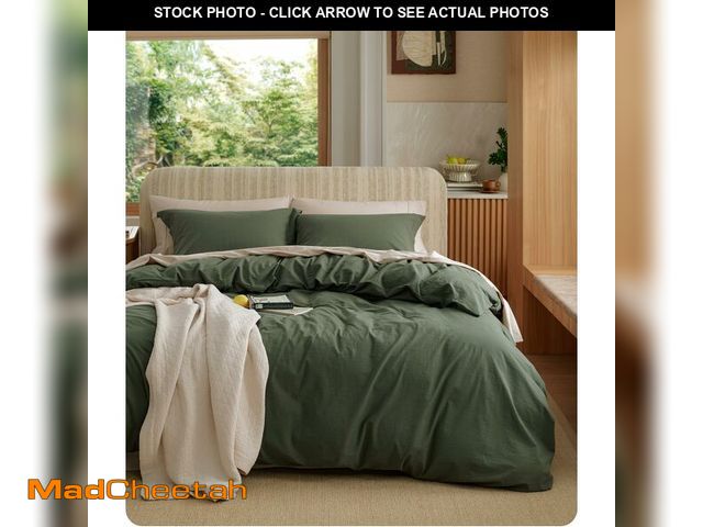 Lot 74-14145140 - Bedsure 100% Washed Cotton Duvet Cover Queen Size - Olive Green Minimalist Bedding Set Linen Like - ...