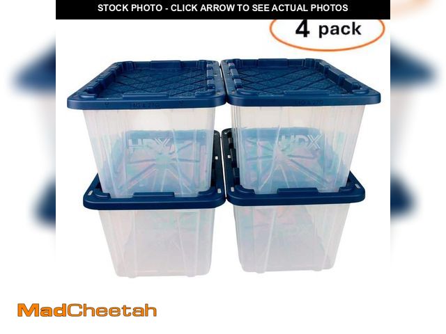 Lot 74-14393681 - (ONE IS DAMAGED) HDX 27 Gal. Tough Storage Tote in Clear with Moonlit Ocean Lid (4-Pack) - UNUSED