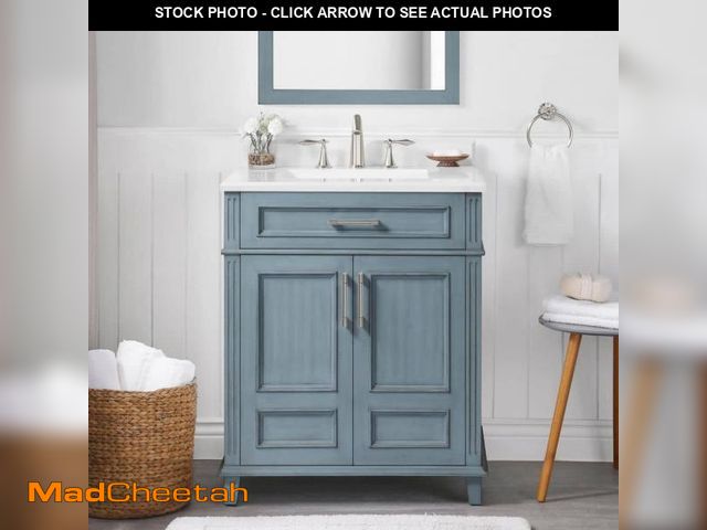 Lot 74-12409794 - Home Decorators Collection Highgate 30 in. Single Sink Antique Blue Bath Vanity with White Engineere...