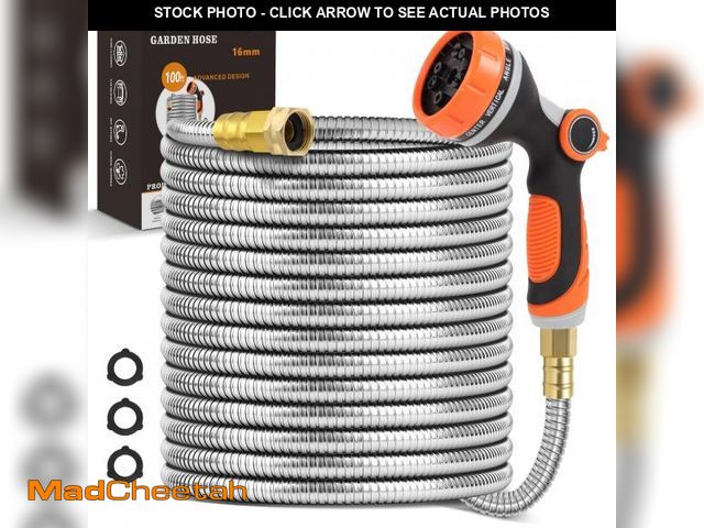 Lot 74-12121268 - SPRIKIR Metal Garden Hose 100 ft, Stainless Steel Water Hose 100ft with 10 Function Nozzle &amp; 3/4...