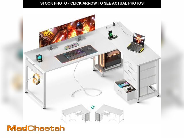 Lot 74-12692841 - (MISSING HARDWARE) AODK L Shaped Desk with 4 Tier Drawers, 61" Reversible Gaming Desk with Power Out...