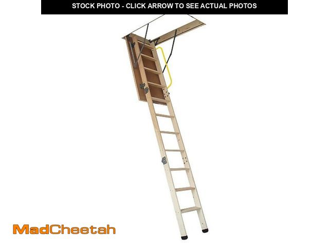 Lot 74-11823852 - Wood Pull Down Attic Ladder for Openings of 25.5 in X 54 in &amp; up to 10 FT High Ceilings - UNUSED