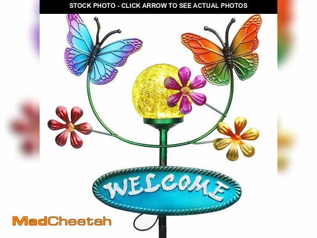 Lot 74-14062749 - Newinhome Solar Garden Stakes Metal Welcome Signs for Outside 28.1' - 2 Flying Butterflies with Crac...