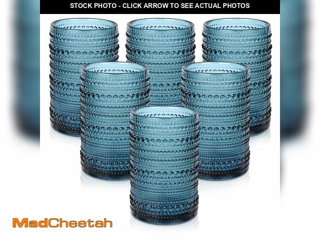 Lot 74-12719373 - ZMOWIPDL Vintage Glassware Drinking Glasses Set of 6,15 oz Hobnail Glass Cups,Embossed Blue Water Tu...