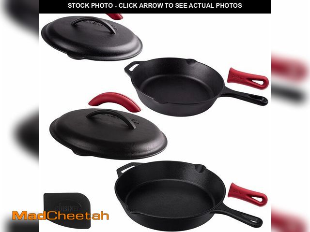 Lot 74-14067923 - Cast Iron Skillet Set with Lids - 10"+12"-inch Pre-Seasoned Covered Frying Pan Set + Silicone Handle...