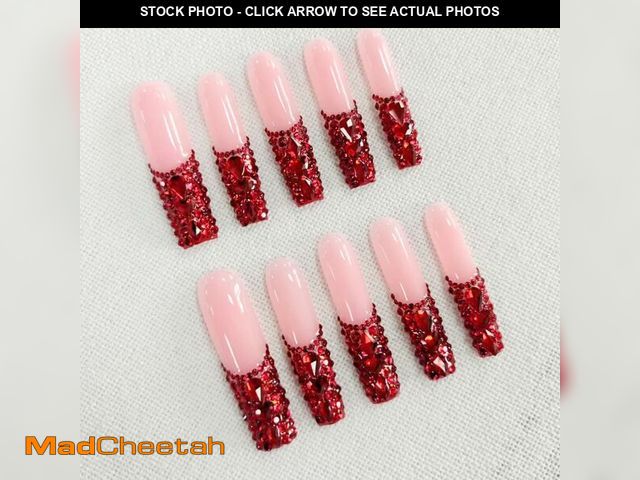 Lot 74-13538974 - 10Pcs Luxury Rhinestone French Tip Fake Nails Handmade Square Press on Nails Extra Long False Nails ...