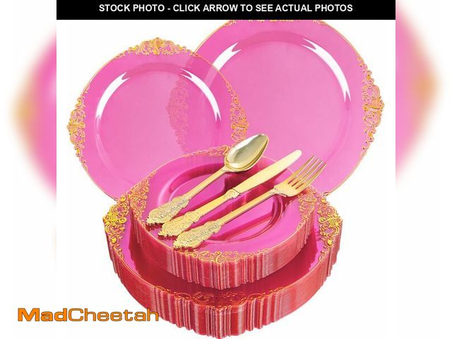Lot 74-12327912 - Joyido 125PCS Hot Pink Plastic Plates - Pink Gold Disposable Plates - Hot Pink Party Plate with Gold...