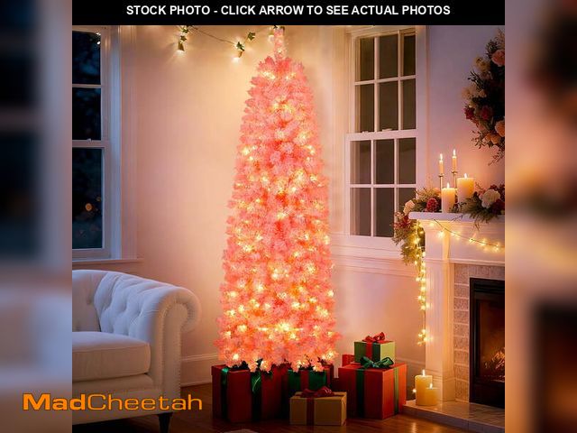 Lot 74-13043133 - Laintene 6FT Snow Flocked Pencil Christmas Tree, Artificial Pink Christmas Tree with 502 Hinged Bran...