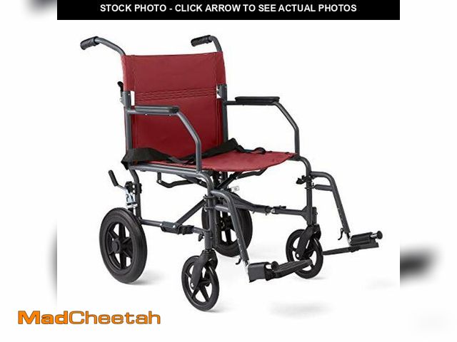 Lot 74-12664488 - Medline Basic Steel Transport Chair - Full-Length Arms, Swing-Away Footrests, 12" Wheels - Gray/Burg...